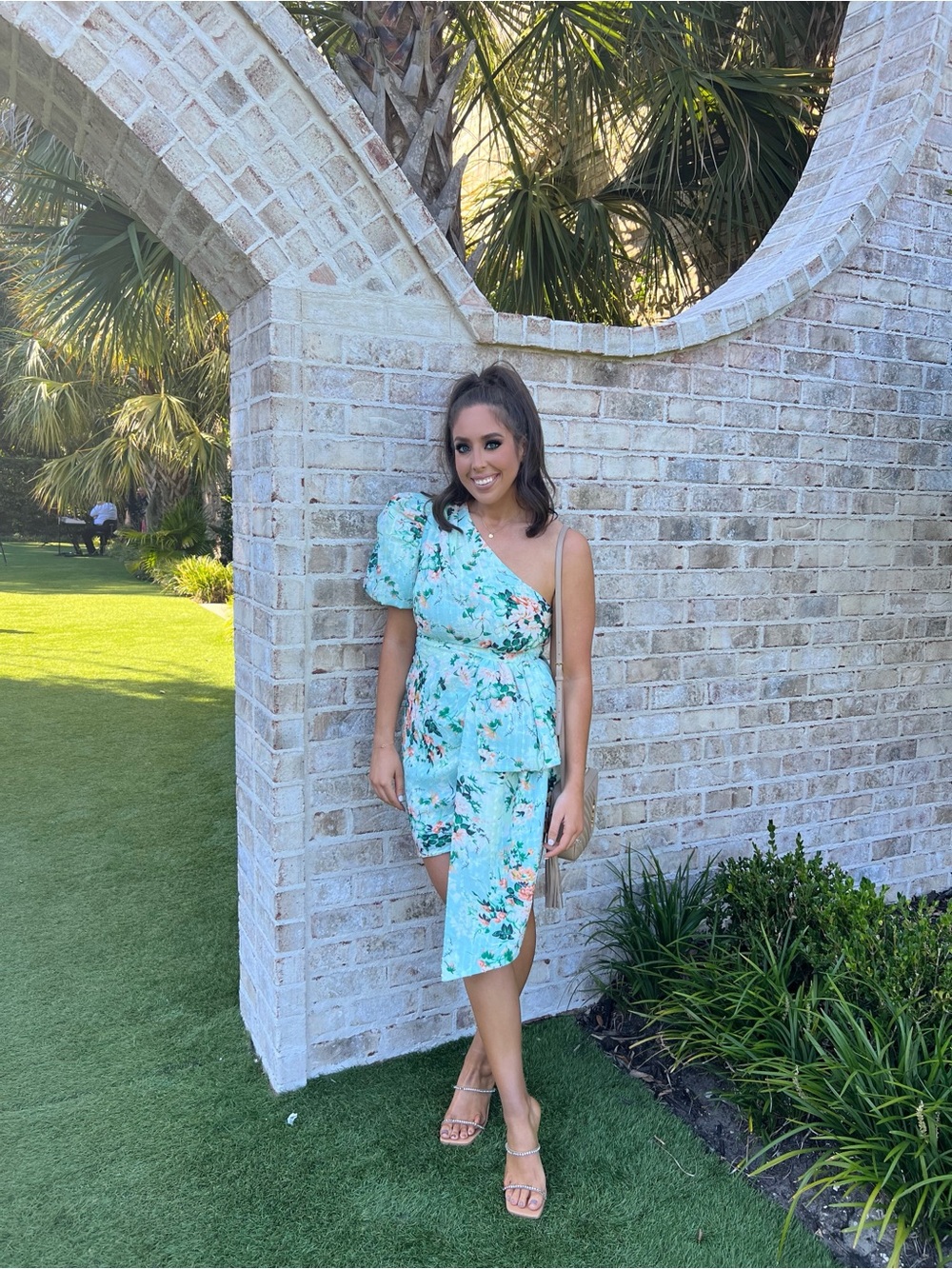 Elliatt Aqua Floral One-Shoulder Puff-Sleeve Dress